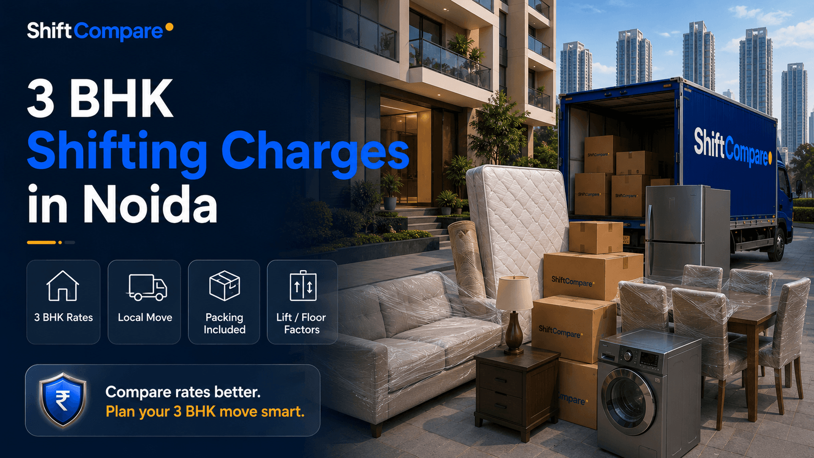 3 BHK shifting charges in Noida by heavy furniture, packing and service lift timing